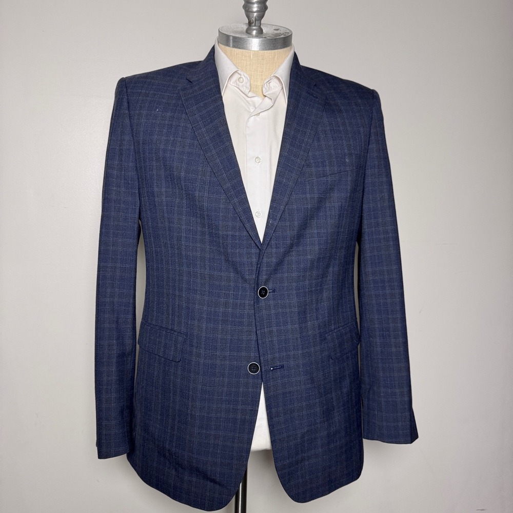 Tommy Hilfiger Blazer Mens 44L Blue Plaid Glen Check Two Button Notch Lapel L